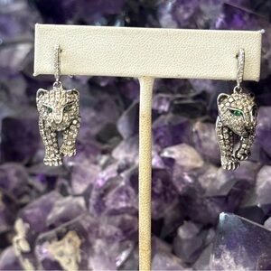 Vintage Panther Diamond & Emerald Earrings in 14k Gold